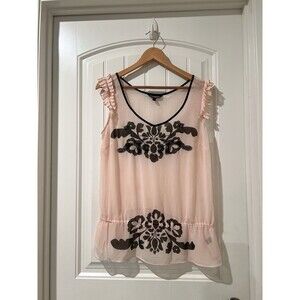 Express Peplum Ruffle Sleeve Beaded Floral Blouse Top Pink/Black Sleeveless Sz L